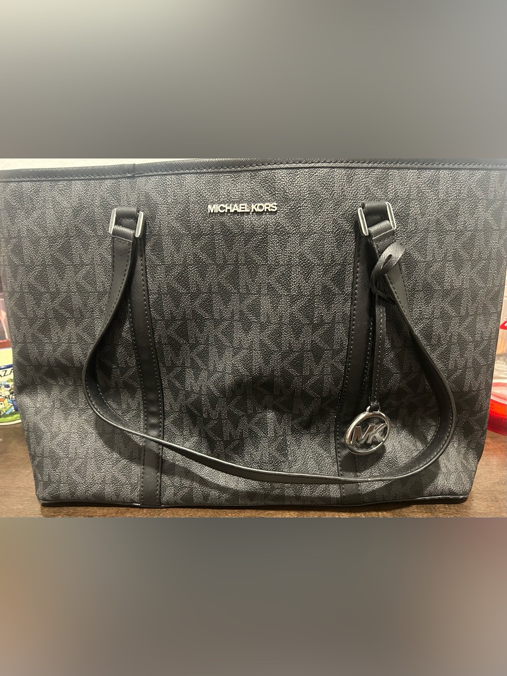 Michael Kors Black MK Monogram Tote with Silver Logo